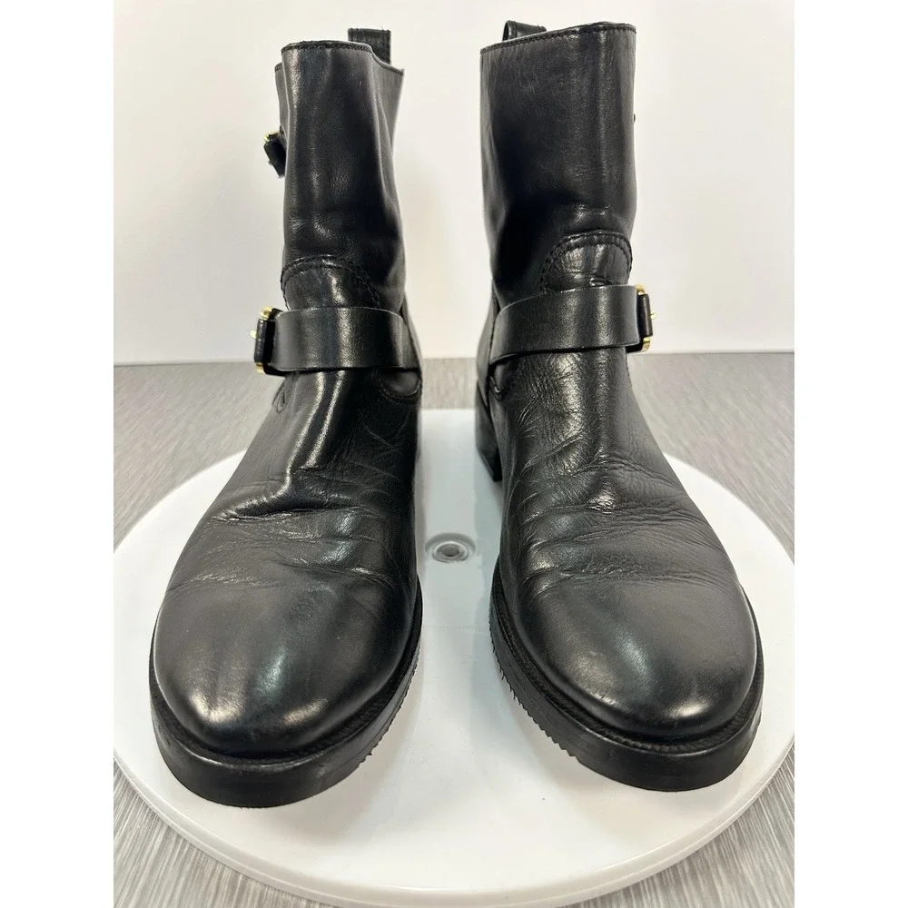 Tory Burch Bennie BLACK Leather Buckled Biker Ankle Boots size 9 Vibram‎ Soles